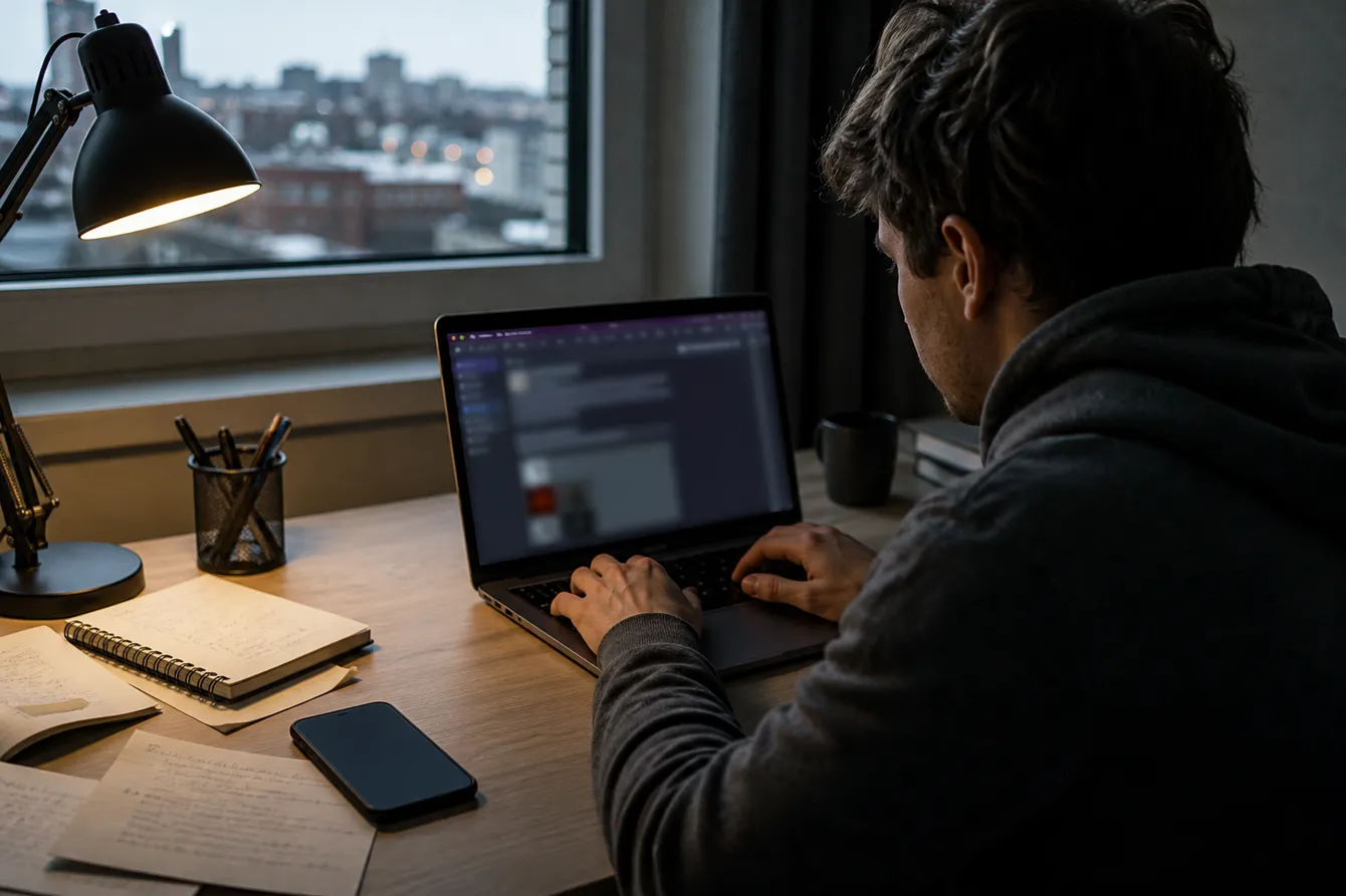 A person exploring .onion websites on a laptop at a desk, indicating safe navigation on the dark web.