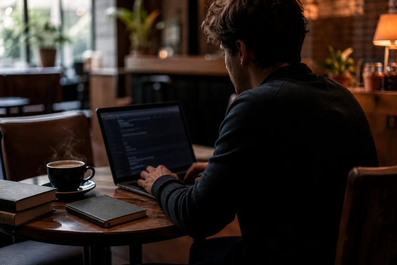 A person in a café safely exploring .onion addresses on a laptop, representing the article's focus on navigating the dark web.