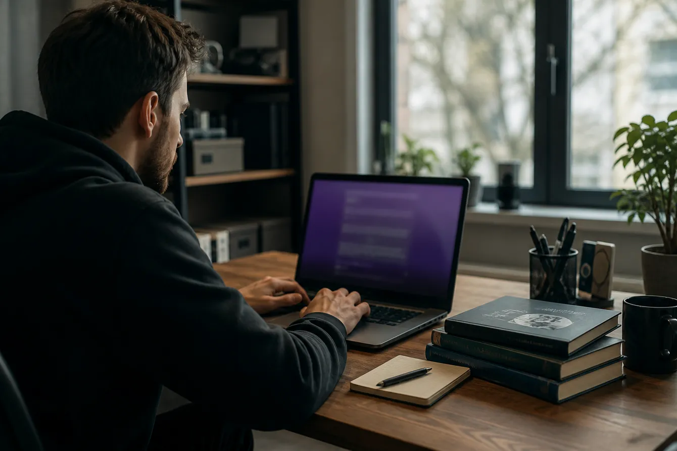 A person setting up Tor Browser on a laptop in a cozy home office, surrounded by cybersecurity books.