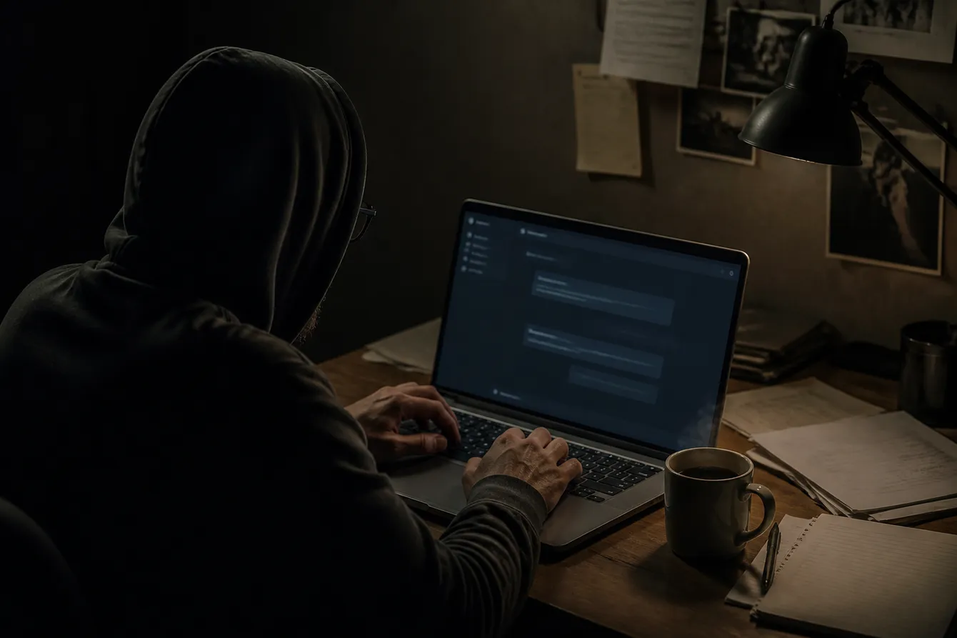 A person engaged in a dark web chat room on a laptop in a cozy, dimly lit room.