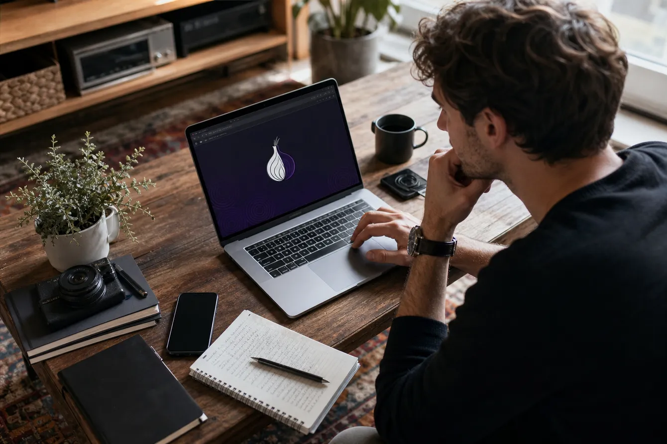 A person troubleshooting Tor Browser in a living room, surrounded by tech gadgets.