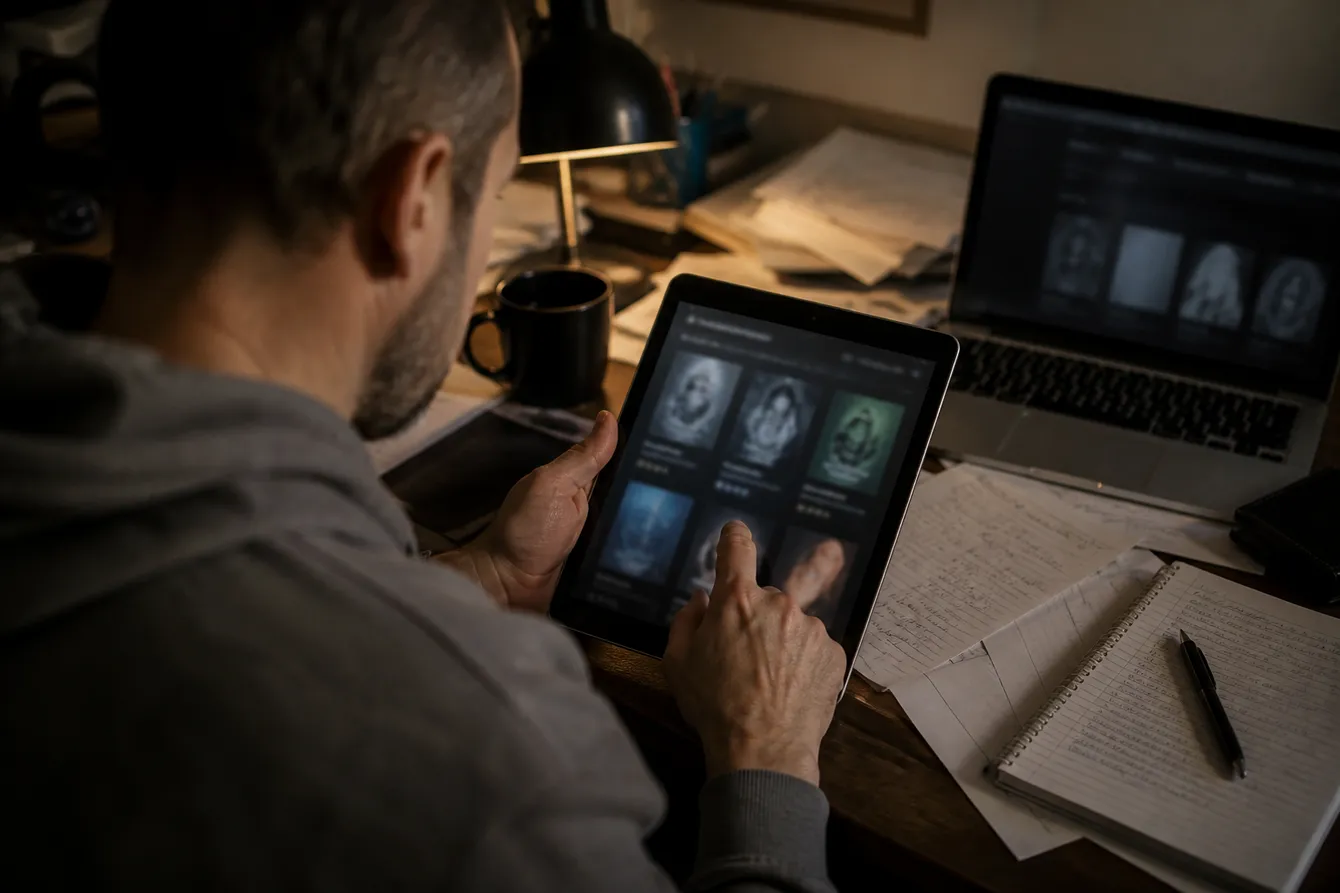 A person in a home office reviewing listings from dark web marketplaces for 2025.