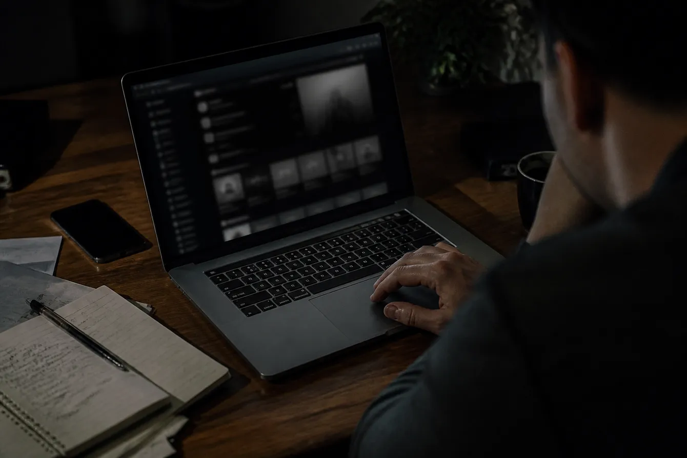 A person examining dark web marketplace links on a laptop in a dimly lit room, emphasizing caution and research.