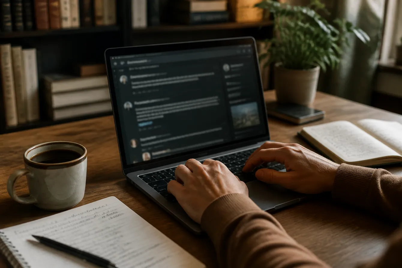 A person researching dark web search engines on Reddit in a cozy home office setting.