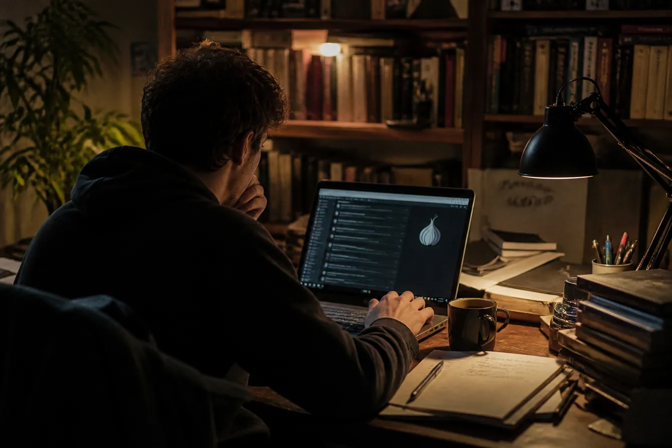 A person in a home office reviewing Tor links on a laptop, surrounded by notes and books.