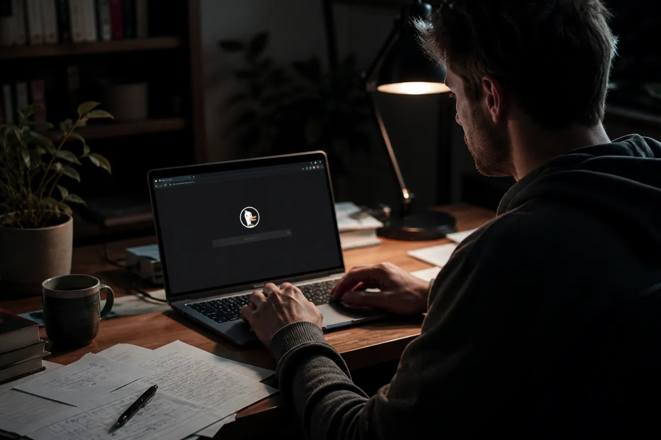 A person using DuckDuckGo within Tor Browser at a desk, surrounded by tech notes and a warm light.