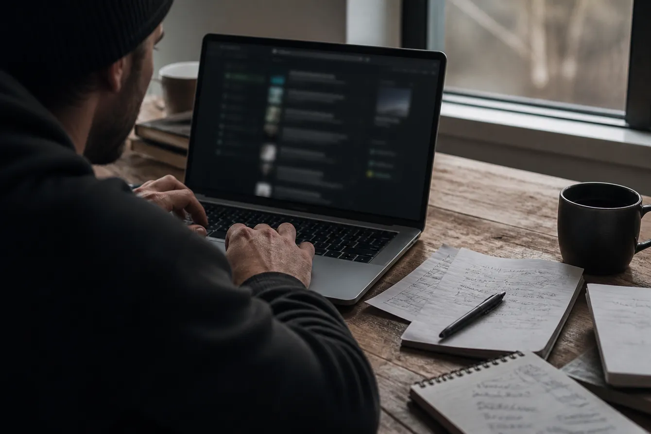 A person intently researching darknet search tools on a laptop at a desk with notes and coffee.