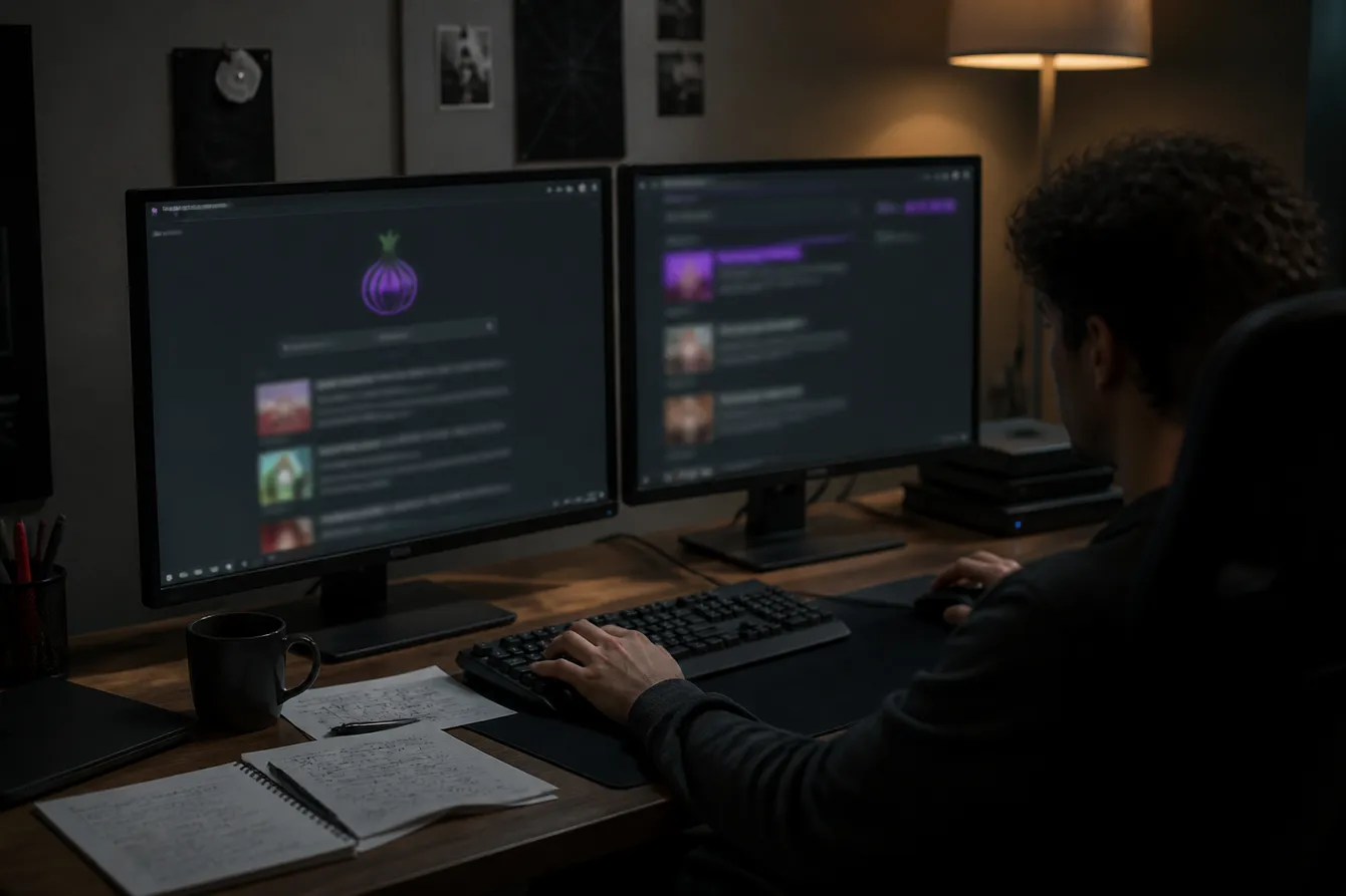 A person exploring deep search resources on dual monitors in a modern workspace.