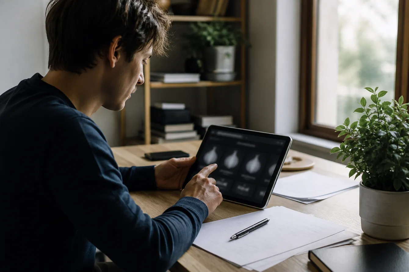 A person exploring .onion links on a tablet in a cozy home office, reflecting safe navigation on the dark web.