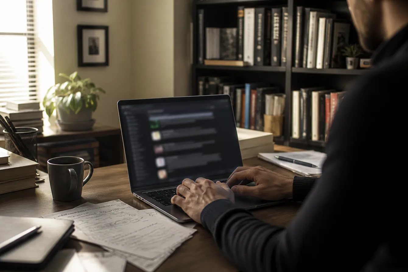 A person engaged in research about trustworthy onion sites on their laptop with a modern desk setup.
