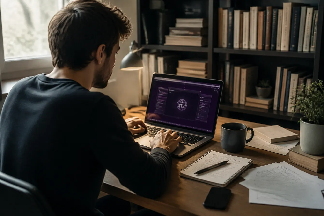 A focused individual navigating .onion sites on a laptop in a cozy workspace, surrounded by notes and coffee.