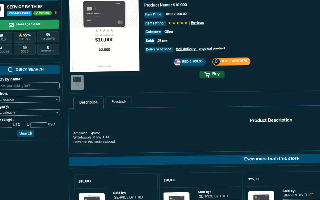 Online store interface offering 'SERVICE BY THIEF'