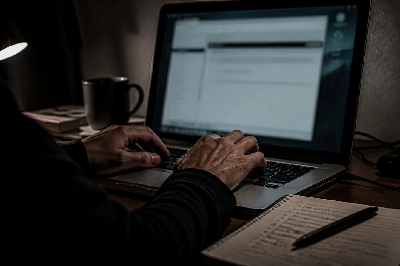 A person carefully entering a .onion address on a laptop while reviewing safety notes.