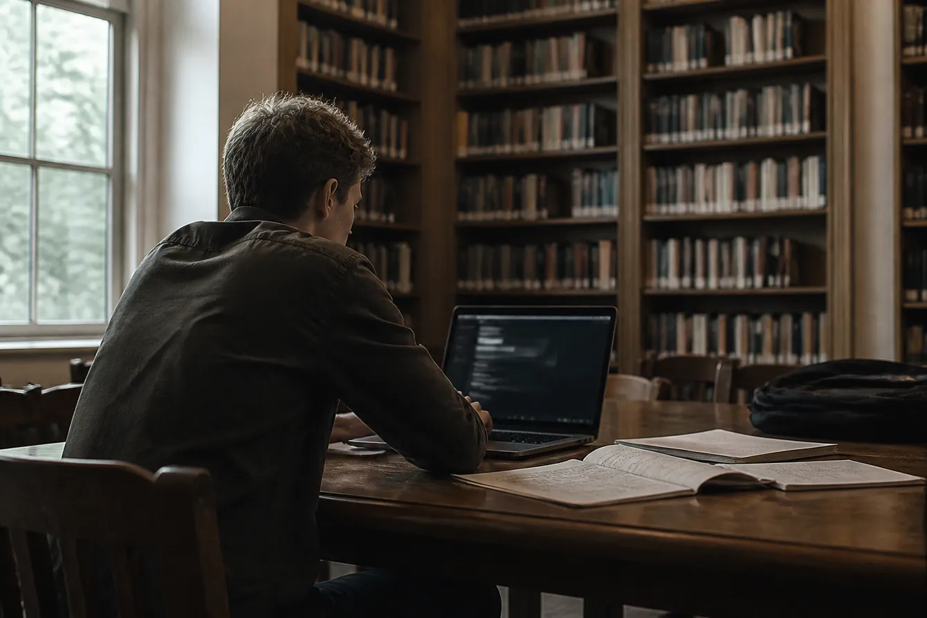 A person navigating onion links on a laptop in a quiet library, surrounded by bookshelves.
