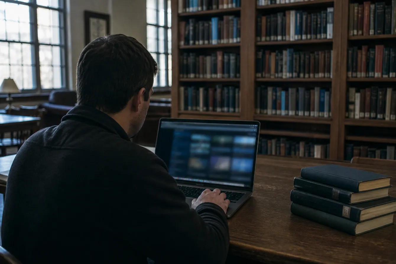 A person in a library exploring onion links on a laptop, surrounded by books on internet privacy.