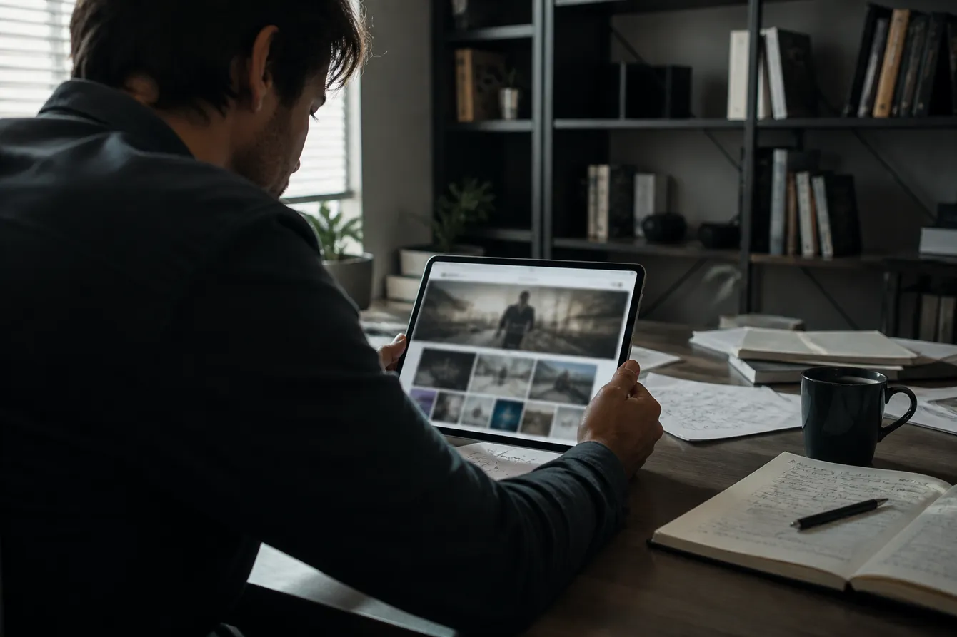 A person using a tablet to check OnionDir links in a cozy home office setting, surrounded by notes and books.