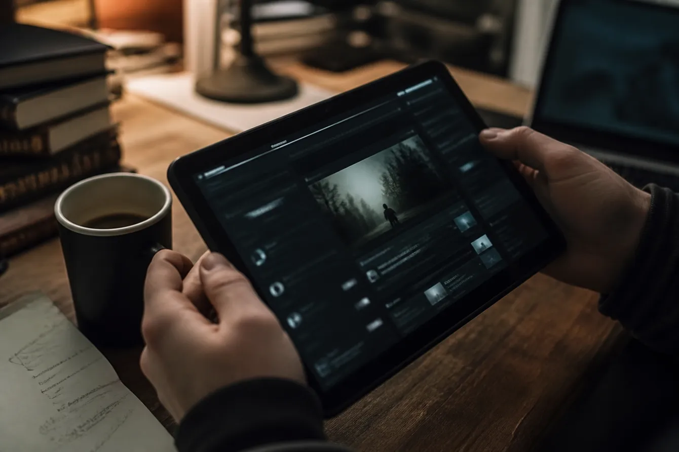 A person accessing the OnionLand URL on a tablet in a cozy home office environment.