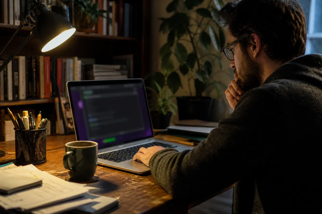 A person in a cozy study verifying .onion links on a laptop, highlighting safe browsing practices.