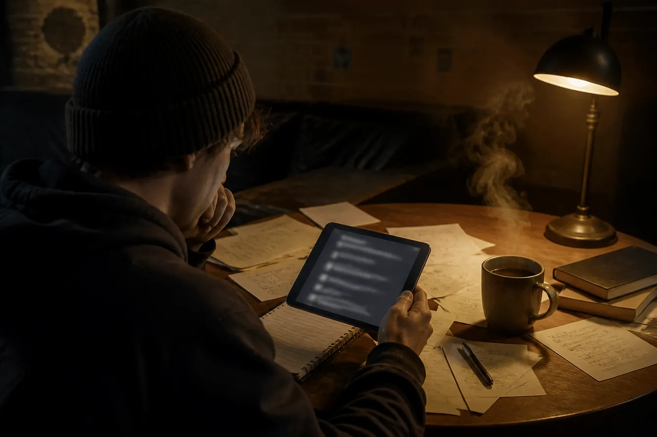 A person analyzing dark web resources on a tablet in a cozy urban room, reflecting the article's focus on safe exploration.