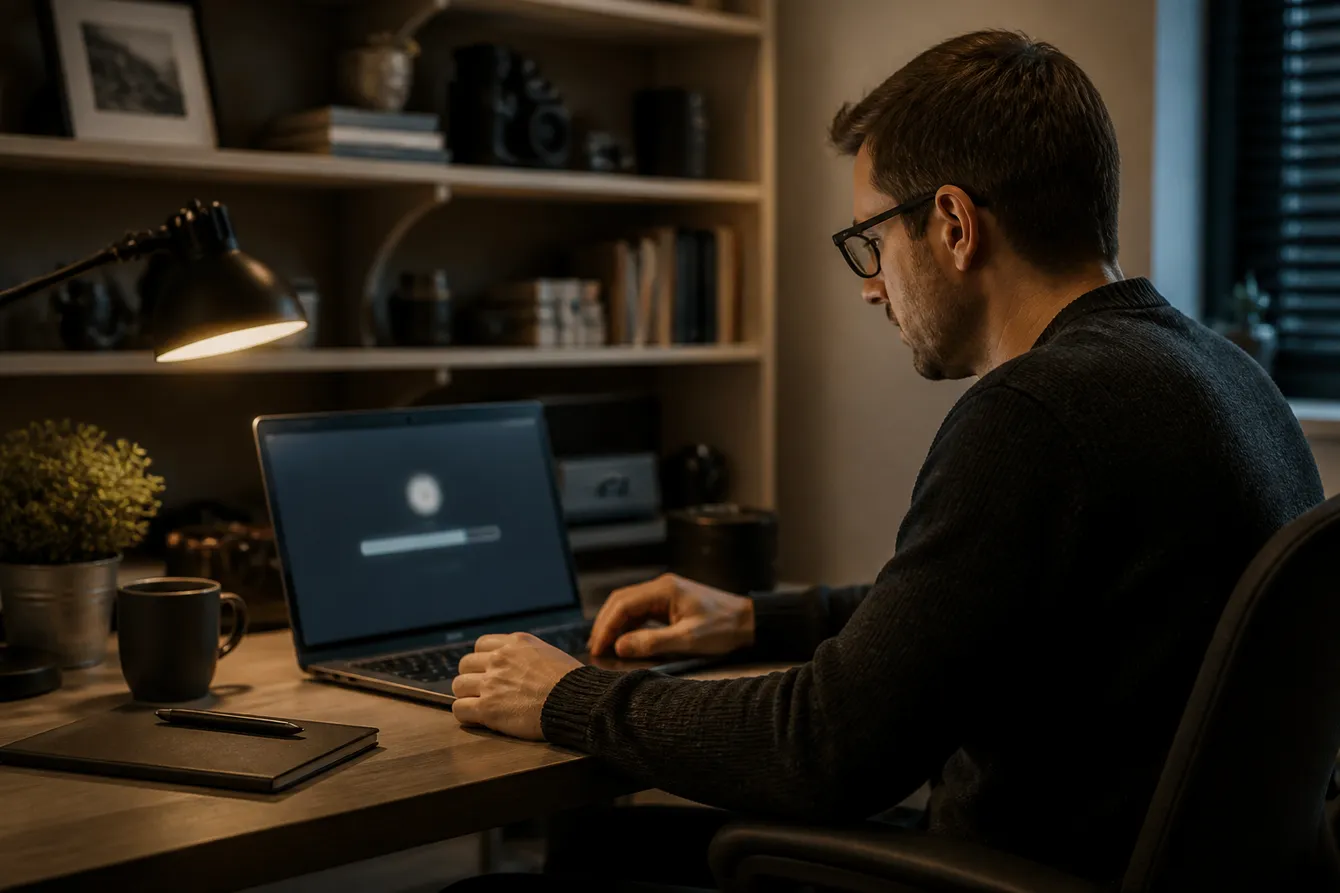 A person in a home office downloading the Tor Browser on a laptop, emphasizing safe access to the dark web.