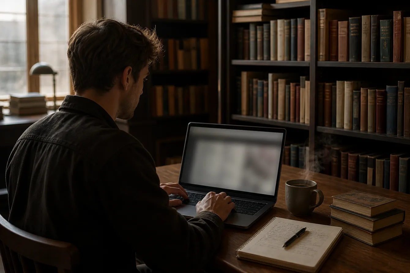 A person in a library using Tor Browser on a laptop, symbolizing privacy and secure browsing.