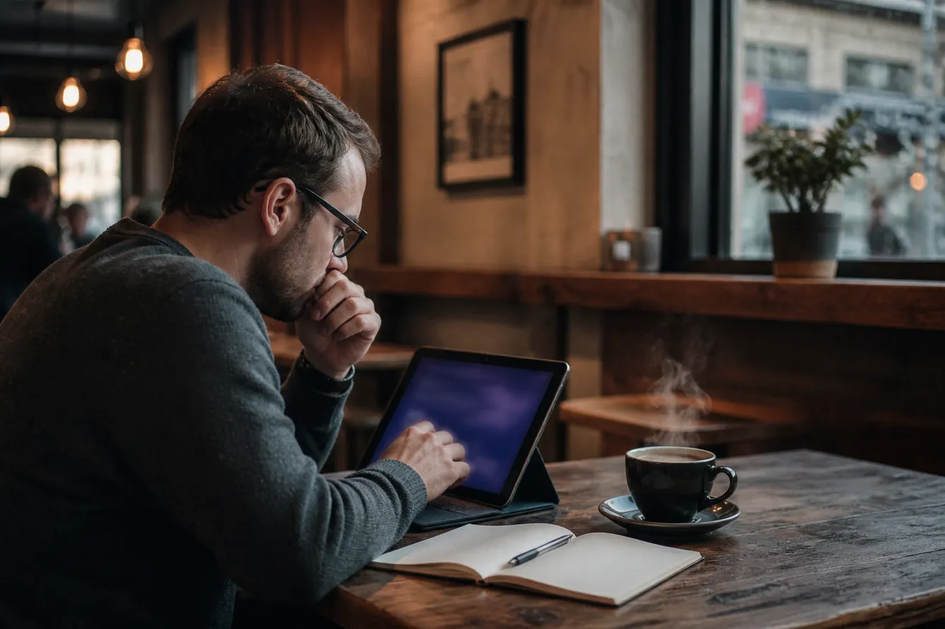 A person accessing a Tor proxy website on a tablet in a cozy café setting.