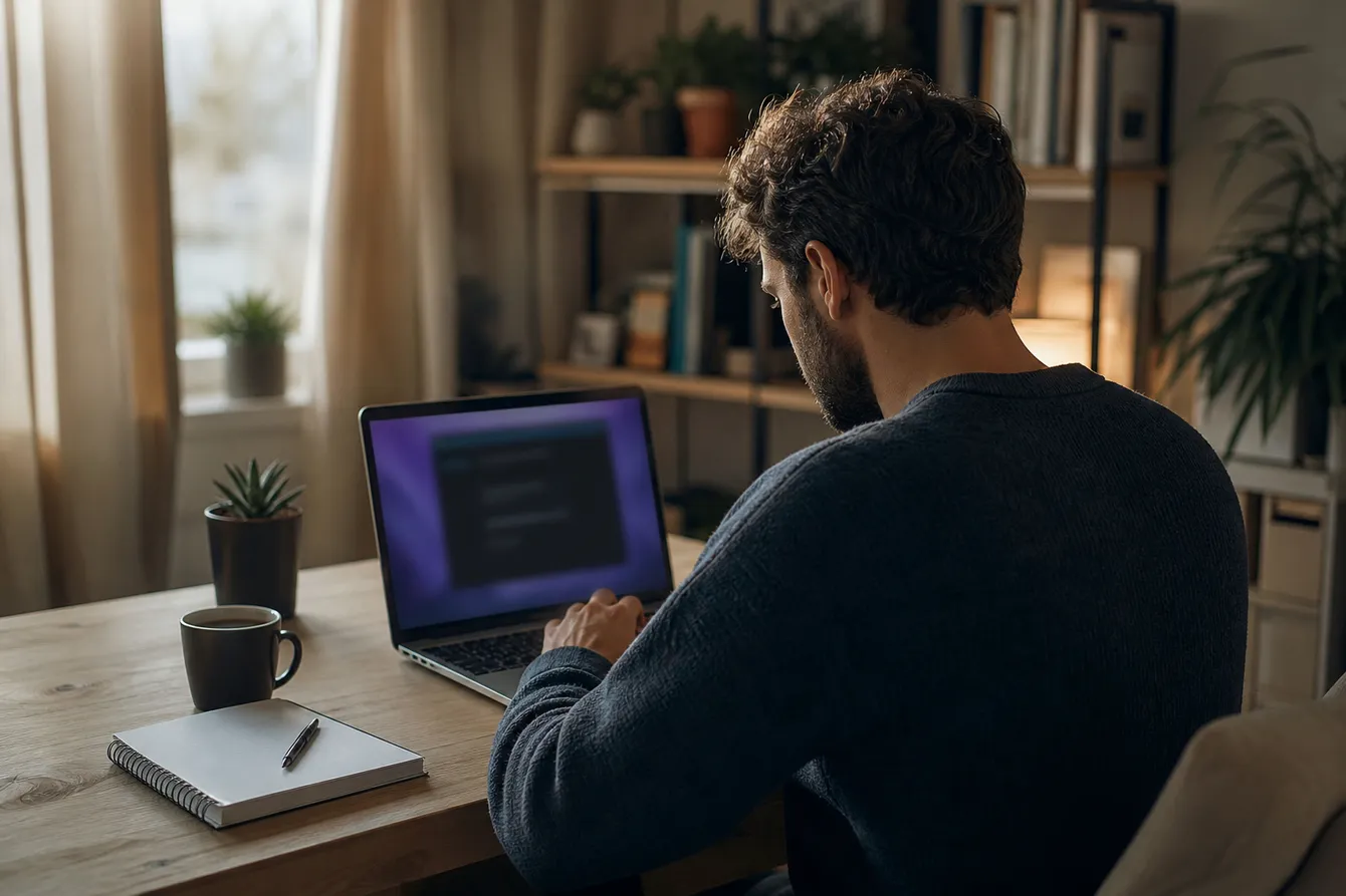 A person focused on a laptop, exploring Tor search engine links in a cozy home office.