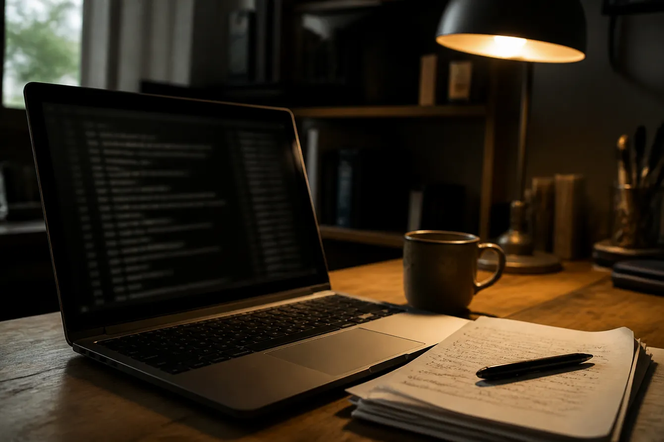 A cozy home office scene showcasing a laptop with onion address links, highlighting safe browsing on the dark web.