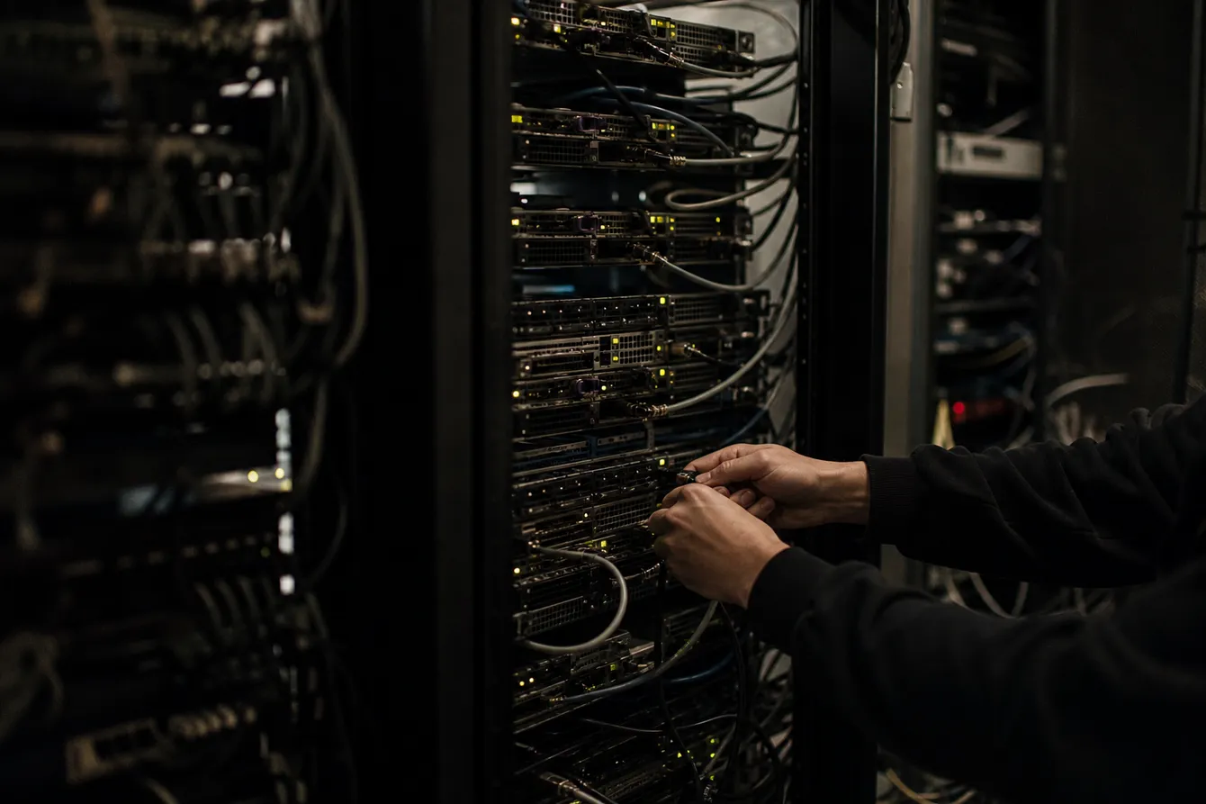 A server room filled with onion servers, highlighting the infrastructure behind the dark web.