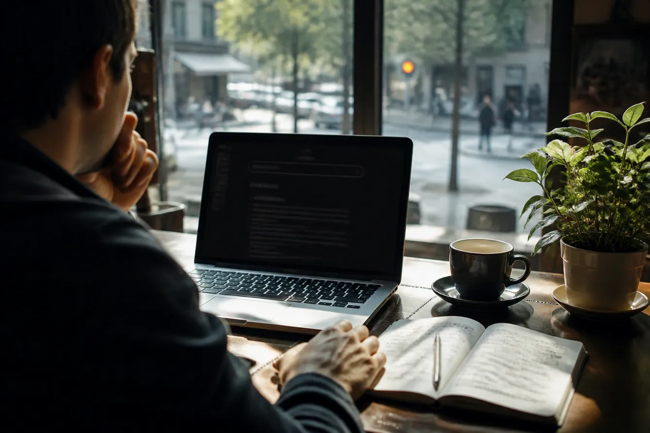 A person exploring dark web search engines in a lively café, highlighting the legitimate access to hidden information.