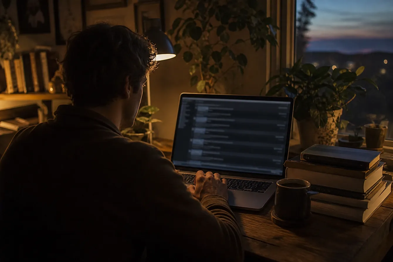 A person searching for images on the dark web in a comfortable home environment, highlighting a safe approach to image searches.