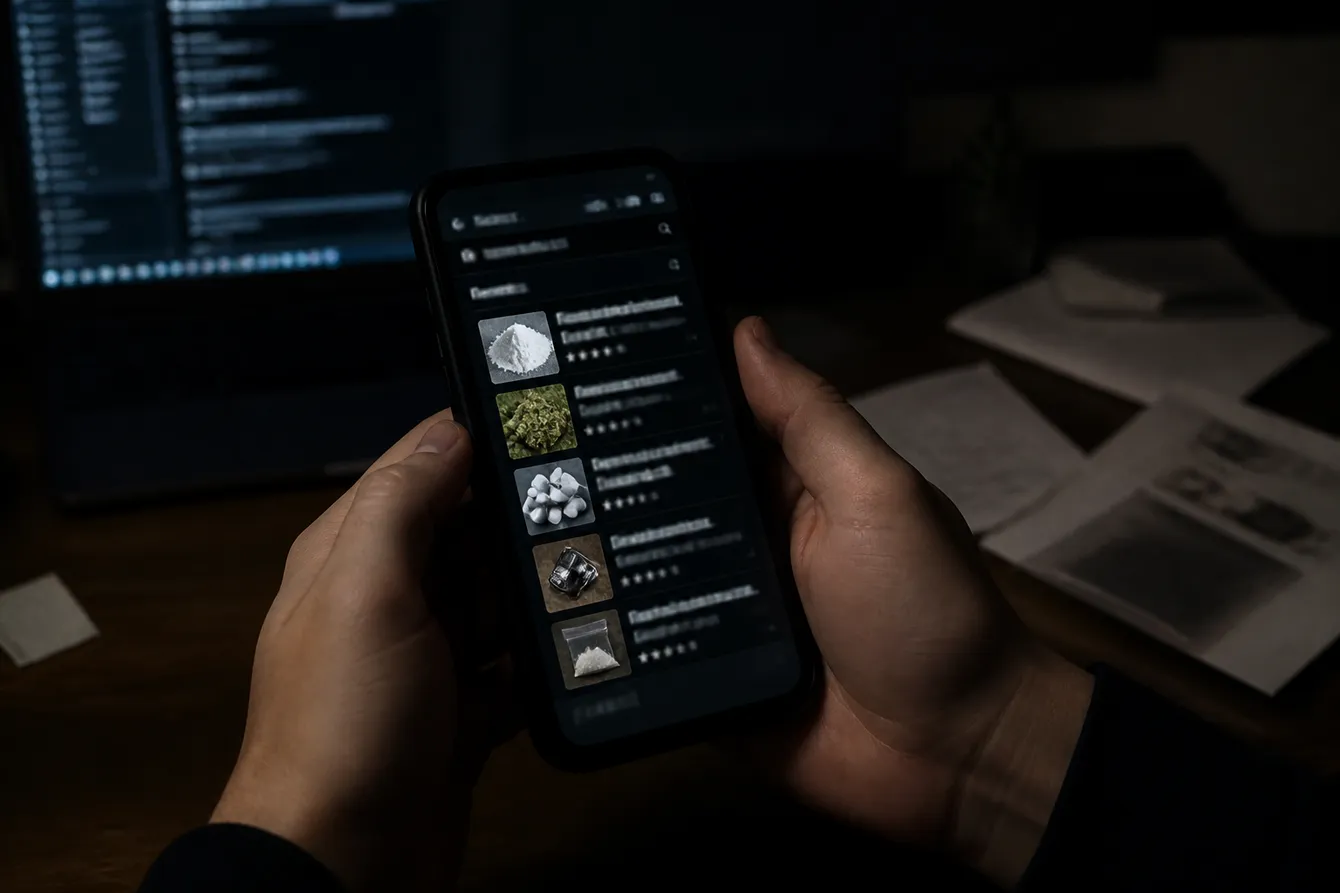A person examining dark web marketplace listings on a smartphone in a dimly lit room, surrounded by papers.